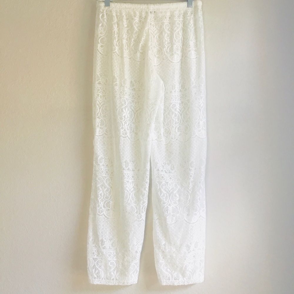 Cover up beach pants creamy white elastic waist embroidery boho beach  lagenlook - Picture 3 of 6